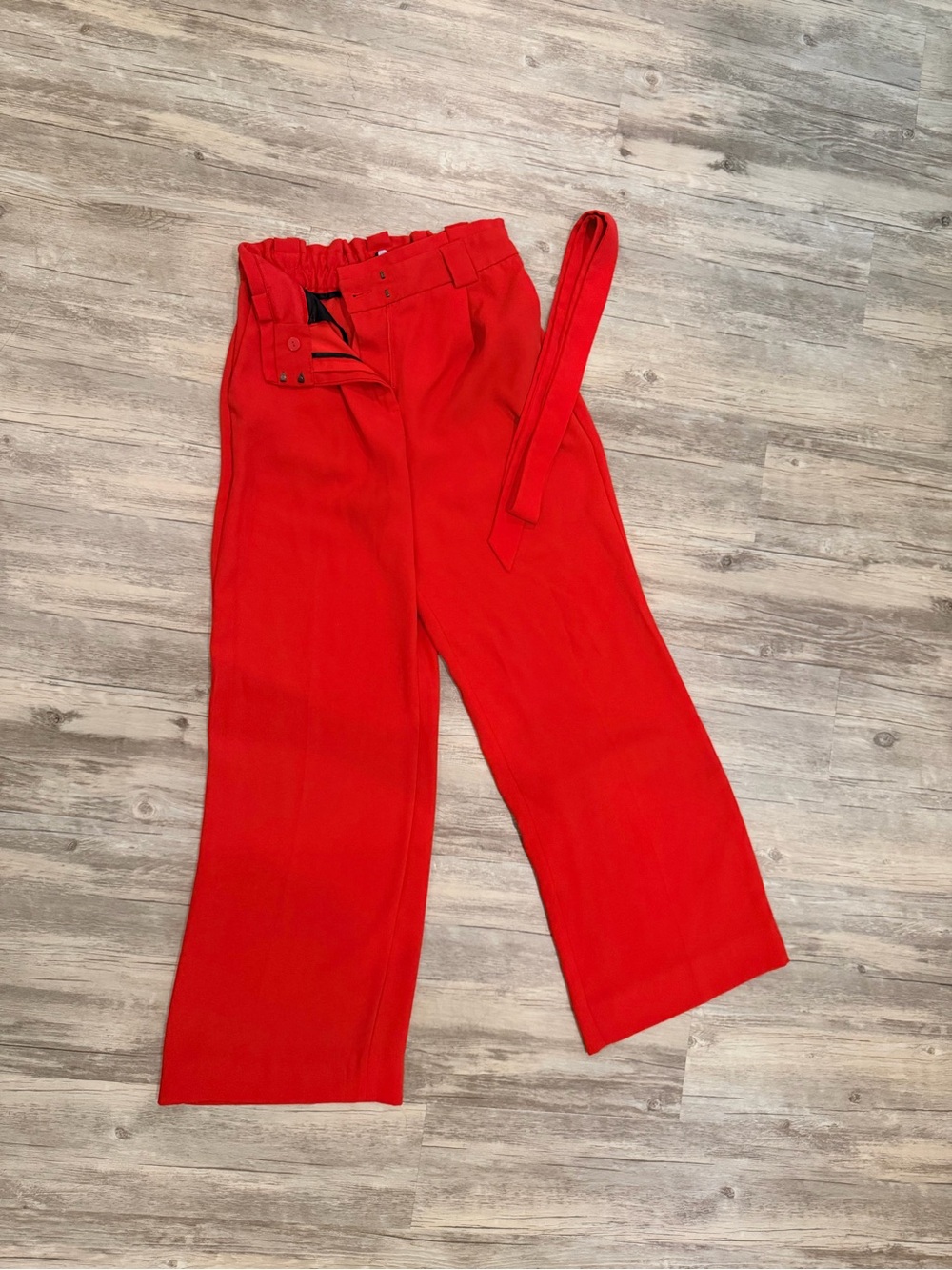 Express Bright Red Wide-Leg Paperbag Waist Pants with Belt